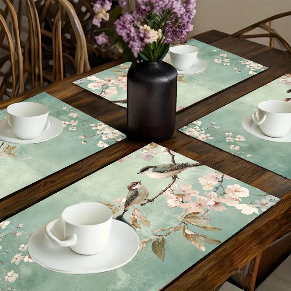4 шт. Винтажные Цветочные Птичьи Салфетки под Тарелки - Элегантные Бирюзово-Розовые Скатерти, Прямоугольные 12x18 Дюймов, Декор для Стола на Рождество, День Благодарения, Хэллоуин