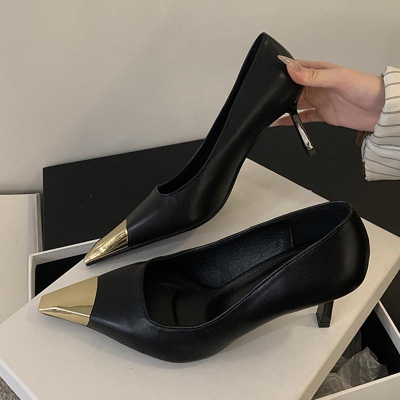 Liyke Новые весенние туфли-лодочки для женщин, офисная обувь, модные сексуальные туфли с металлическим острым носком, туфли на высоком каблуке с открытой пяткой, туфли на шпильке, женские туфли
