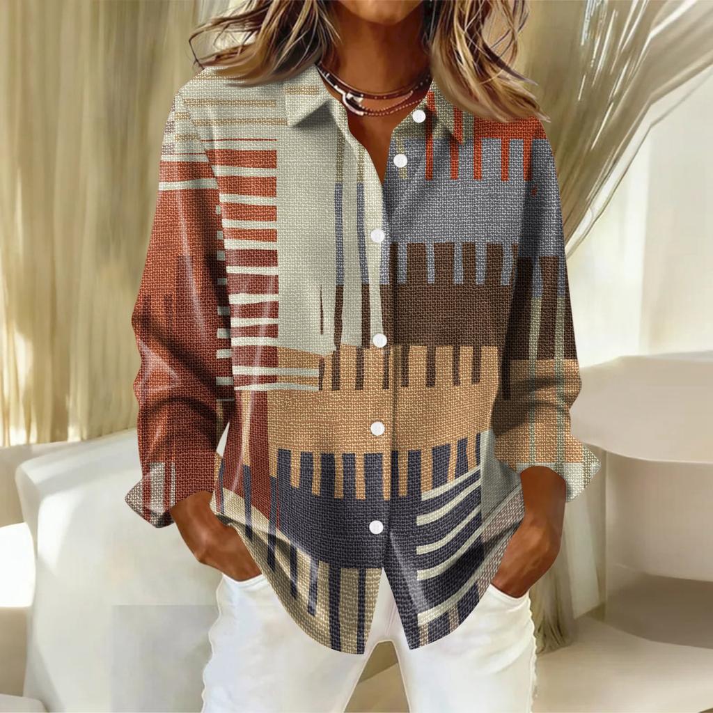 Женская рубашка-блузка с рождественским принтом и пуговицами, длинный рукав, повседневный базовый рубашечный воротник, обычный топ