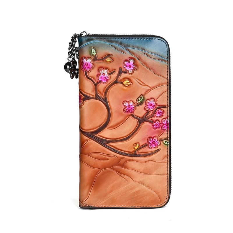 Johnature Vintage Wallet Genuine Leather Deer Head Embossed Women Long Wallets Natural Real Cowhide Hand Purse