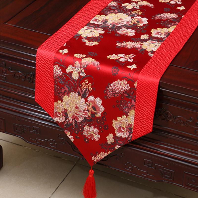 Chinese Silk Dragon Phoenix Floral Table Runner with Tassels and Lace Wedding Decor Centerpiece