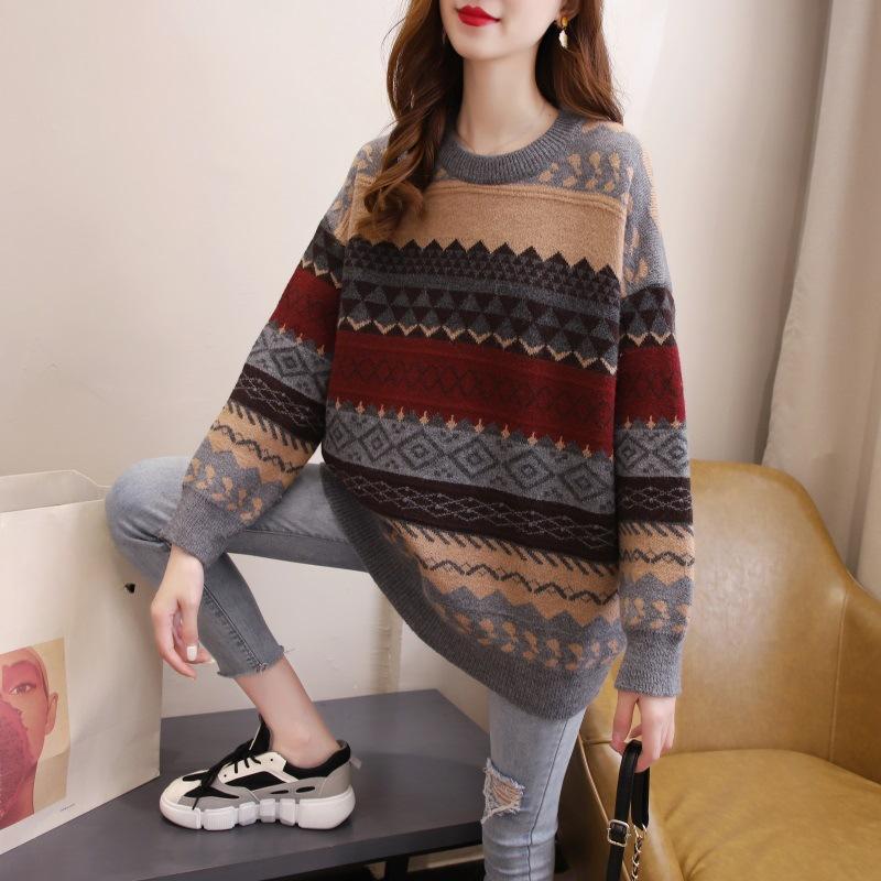 Autumn and Winter Loose Retro Sweater Round Neck Women's Pullover Outer Knitted Sweater