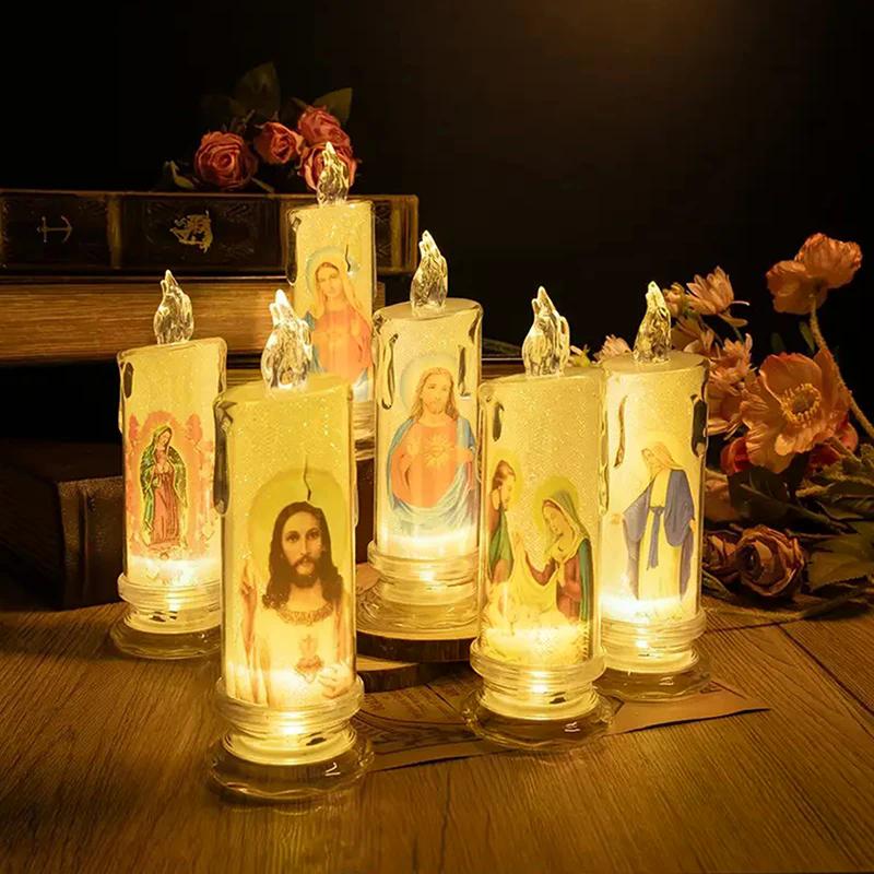 Светодиодная свеча-лампа Иисус Дева Христос Романтическая Безпламенная Молитвенная Чайная свеча Религиозный Ночник Настольное Декоративное Украшение