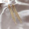 Vintage Gold Color Bar Long Thread Tassel Drop Earrings For Women Glossy Arc Geometric Korean Earring Fashion Jewelry New