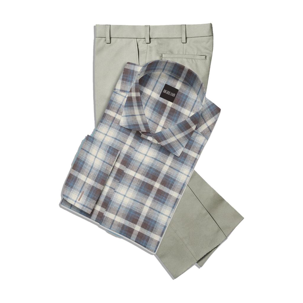 Bigreams Мужская непрошитая хлопковая клетчатая рубашка бежево-коричневого цвета длиной 1,5 метра, однотонная легкая костюмная ткань цвета хаки для брюк длиной 1,25 метра