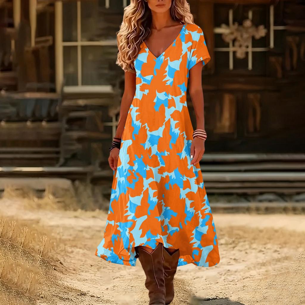 Модное женское летнее пляжное платье с V-образным вырезом, короткими рукавами, в ретро-цветочном принте