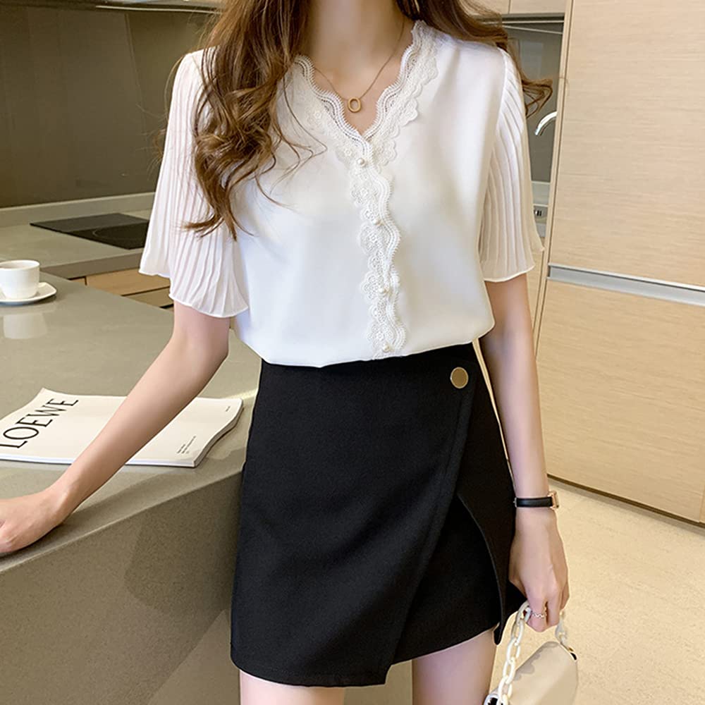 Кружевная блузка Шифоновые топы Расклешенный короткий рукав Корейский стиль Летний Стильный Аккуратный Тонкий Взрослый Милый Свободный крой Стройнящий Повседневный Офисная работа ОЛ Свидание [SYitong]