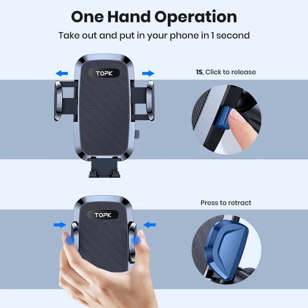 TOPK Car Phone Mount Holder 3-Point Support 360Rotating Extended Arm Metal Hook Superior Stability Phone Holder for Car Cars