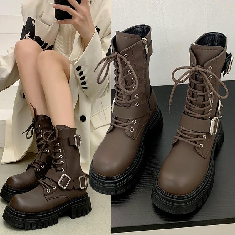 Трендовые панк-готические ботинки женские 2024 зима новинка дизайн с ремешком и пряжкой женские ботинки модные и универсальные на платформе женская обувь