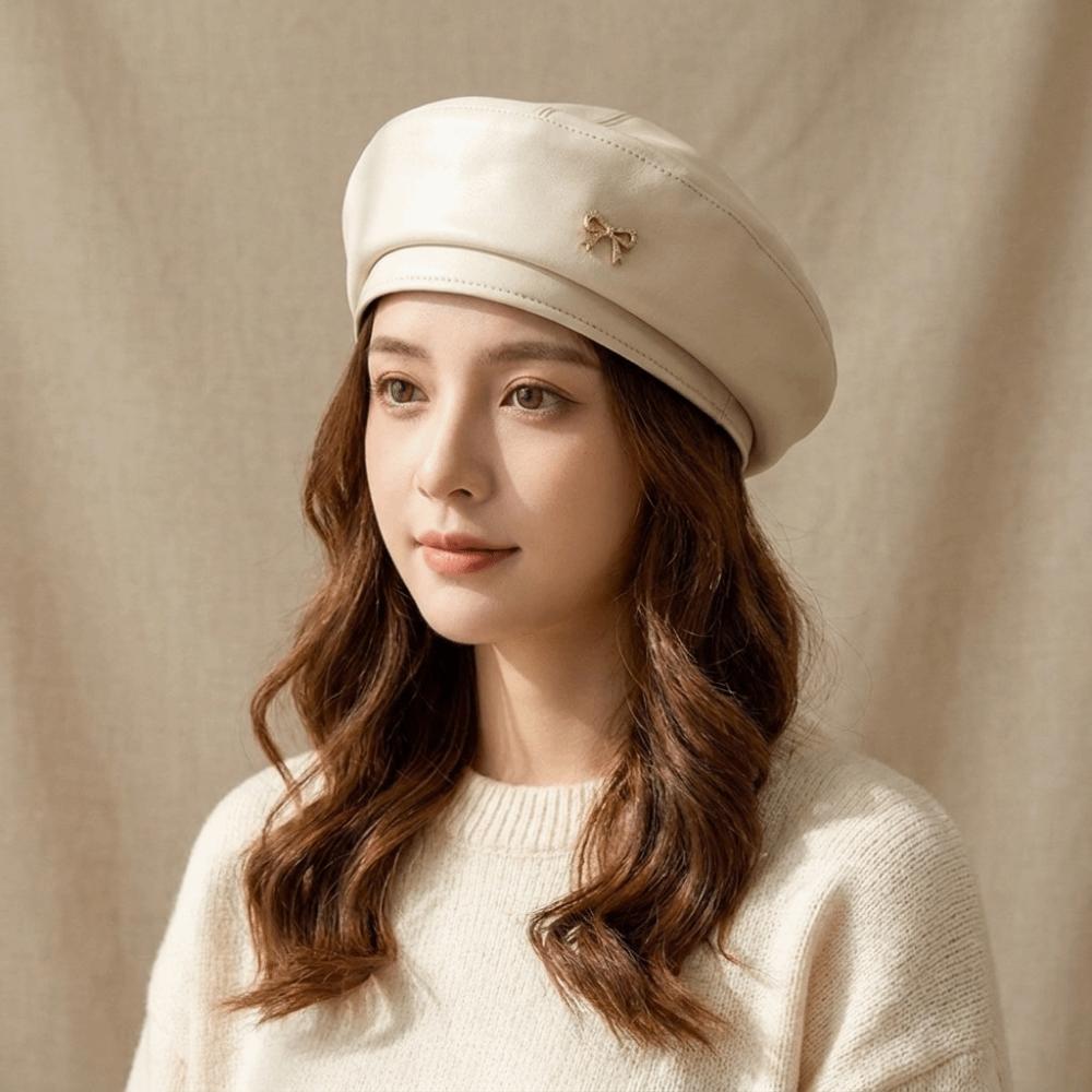Bow Octagonal Hat British Style Painter Hat Fashion PU Leather Beret Streetwear