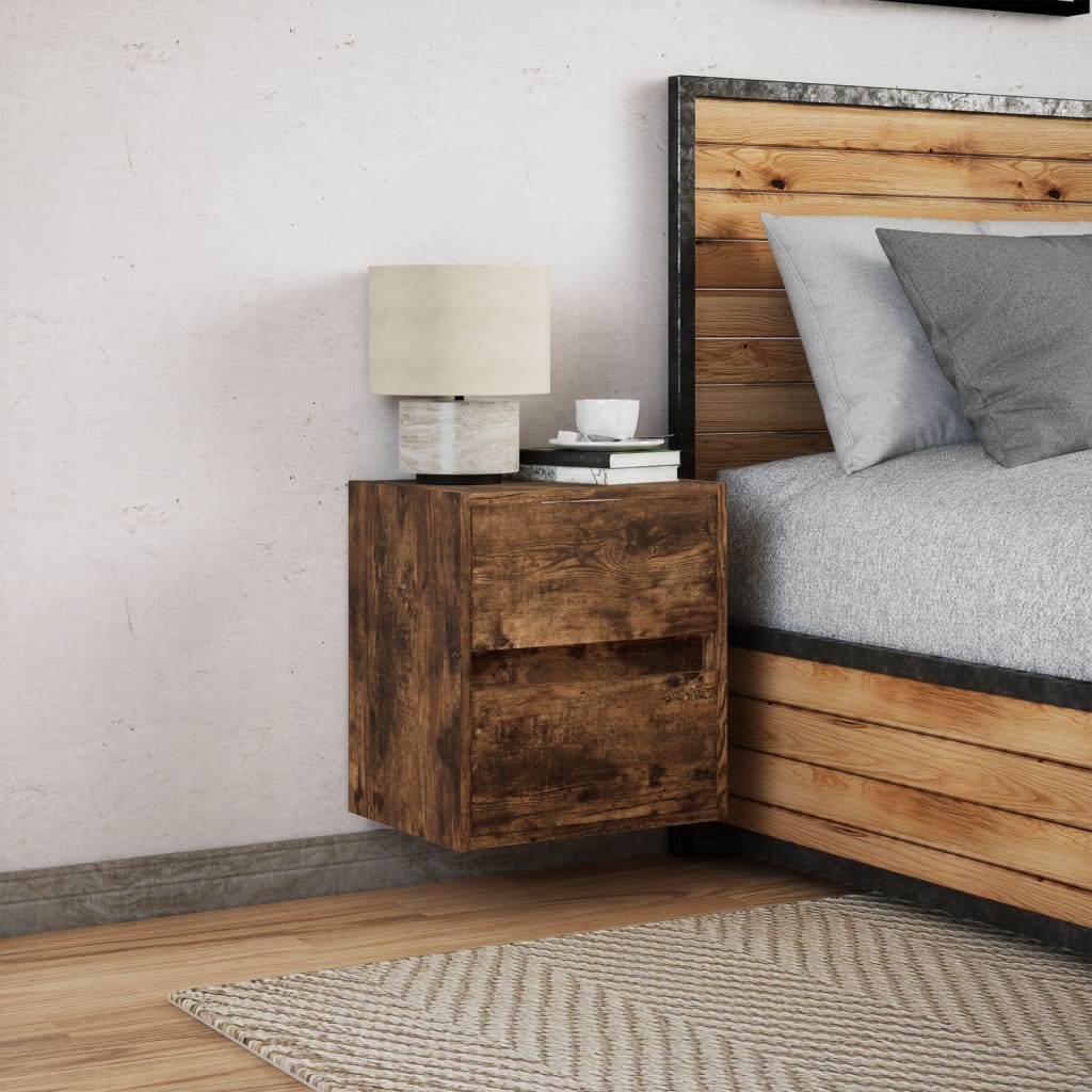 Wall Mounted Nightstand with LED Lights Smoked Oak