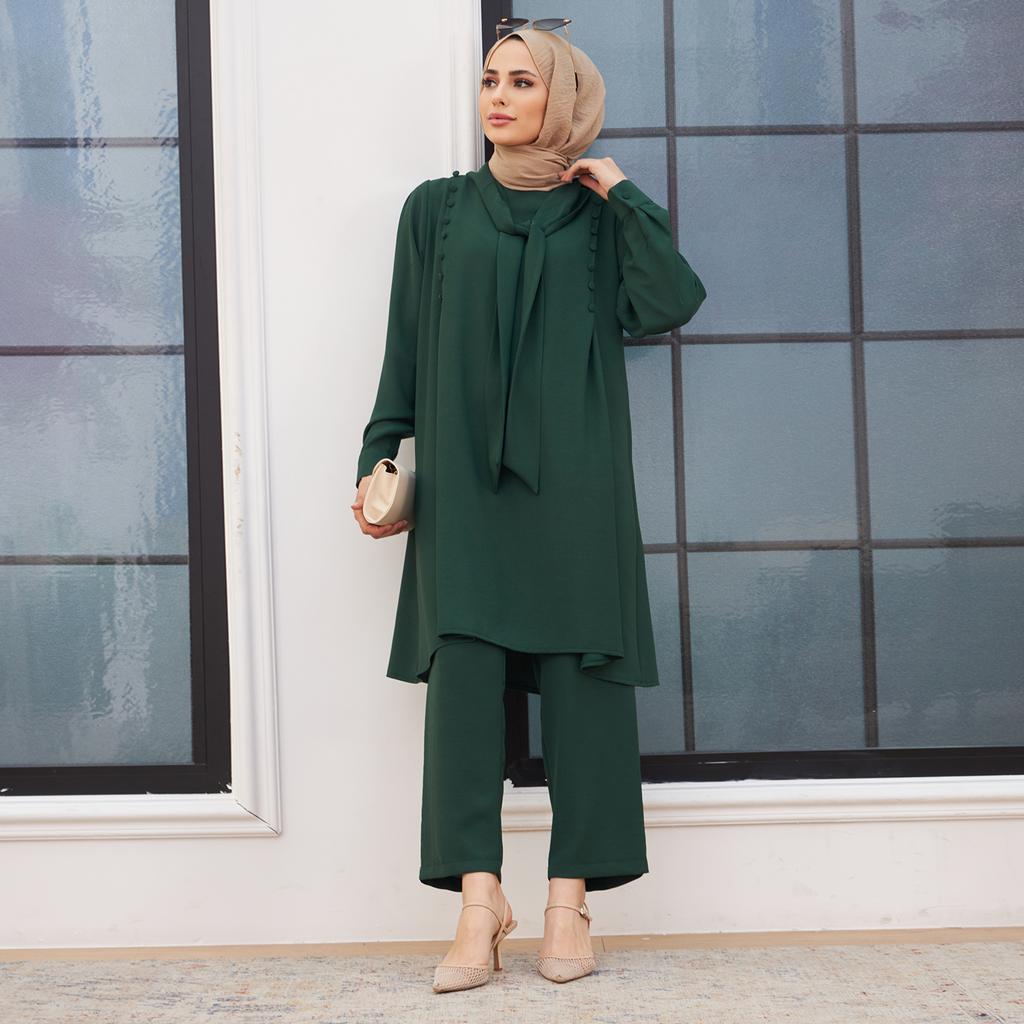 Foulard Collar Women Tunic Pants Double Suit Combine Islamic Muslim Casual Fashion Loose Summer Summer New Season Turkey