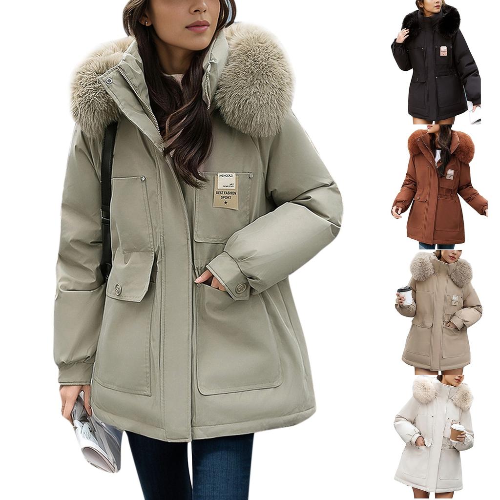 Women's Fashionable Skinny Plush Collar Zipper Hooded Winter Warm Cotton Coat Down Jacket