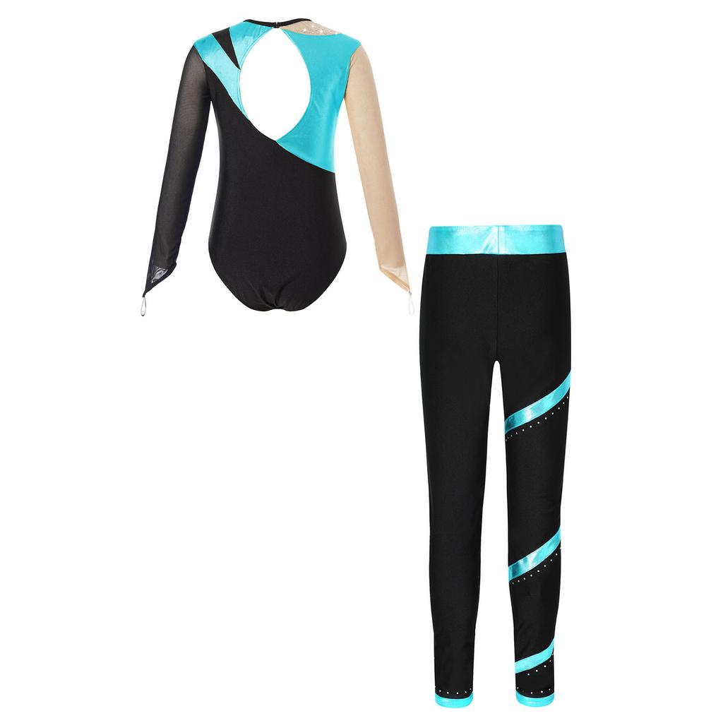Girls Sparkle Rhinestone Performance Set Cutout Back Long Sleeve Leotard Elastic Waist Pants Dance Outfit