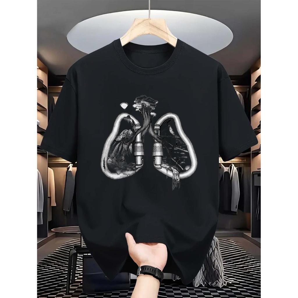 Vintage Lungs Graphic Tee Men's Retro Outdoor T-Shirt Breathable Regular Fit Short Sleeve for Hiking Climbing Casual