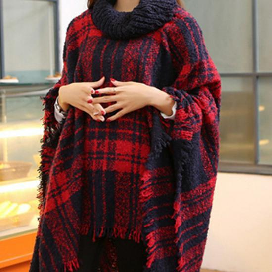 European and American High Neck Plaid Cape - Batwing Sleeve Knitted Pullover Shawl for Women