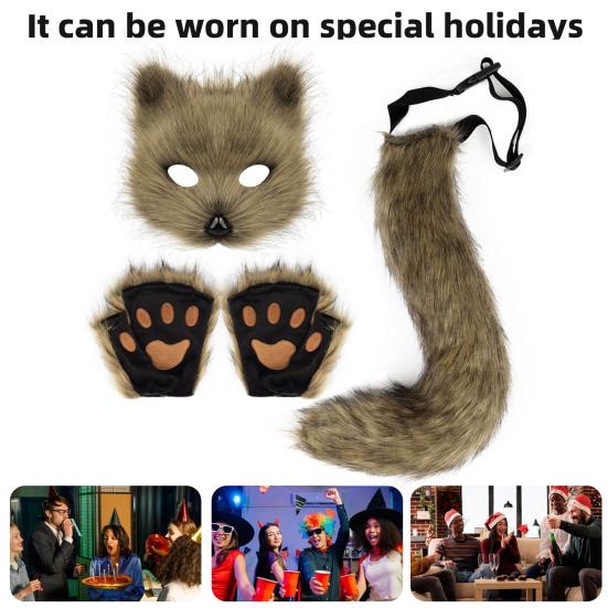 Furry Therian Costume Set for Girls Women Faux Fur Tail Plush Masque Fluffy Paw Gloves Set Fox Cat Wolf Animal Cosplay Accessories for Halloween