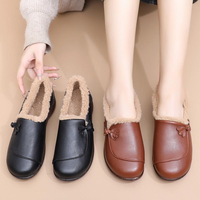 Зимняя бархатная шапка-бини женские кожаные туфли на мягкой подошве туфли на одном педале пушистые туфли туфли для мамы хлопковые туфли для среднего и пожилого возраста бархатные зимние