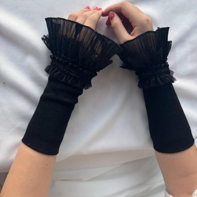 Girls Elastic Fingerless Arm Warm Gloves Double-layer Floral Lace Knitted Fake Sleeves Lolita Cuffs Decorative Accessory