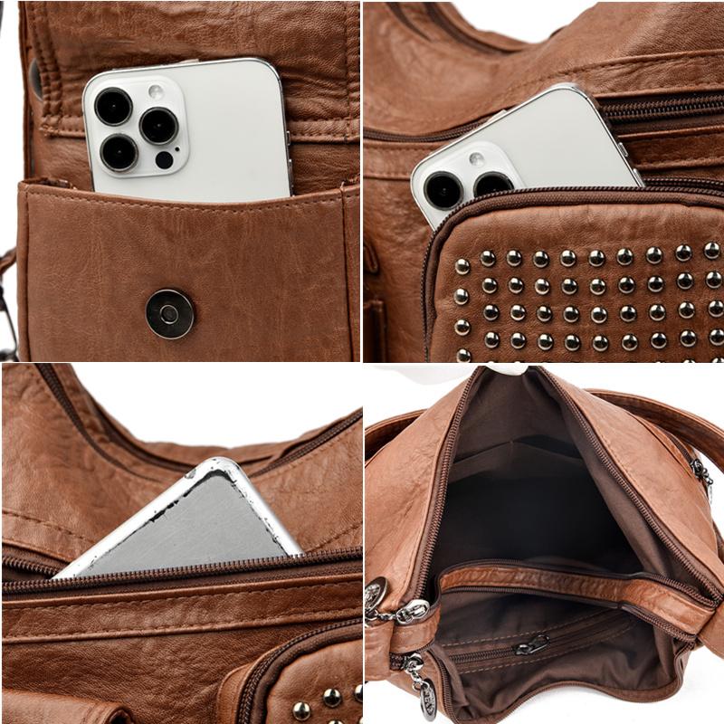 Женская сумка Роскошная дизайнерская сумка Сплошной цвет Сумка-мессенджер Большая вместительная повседневная женская сумка через плечо Кожаная большая сумка с заклепками