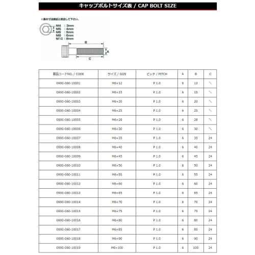 KITACO Cap Bolt M6xP1.0x12mm General Purpose Stainless Steel 0900-060-10001