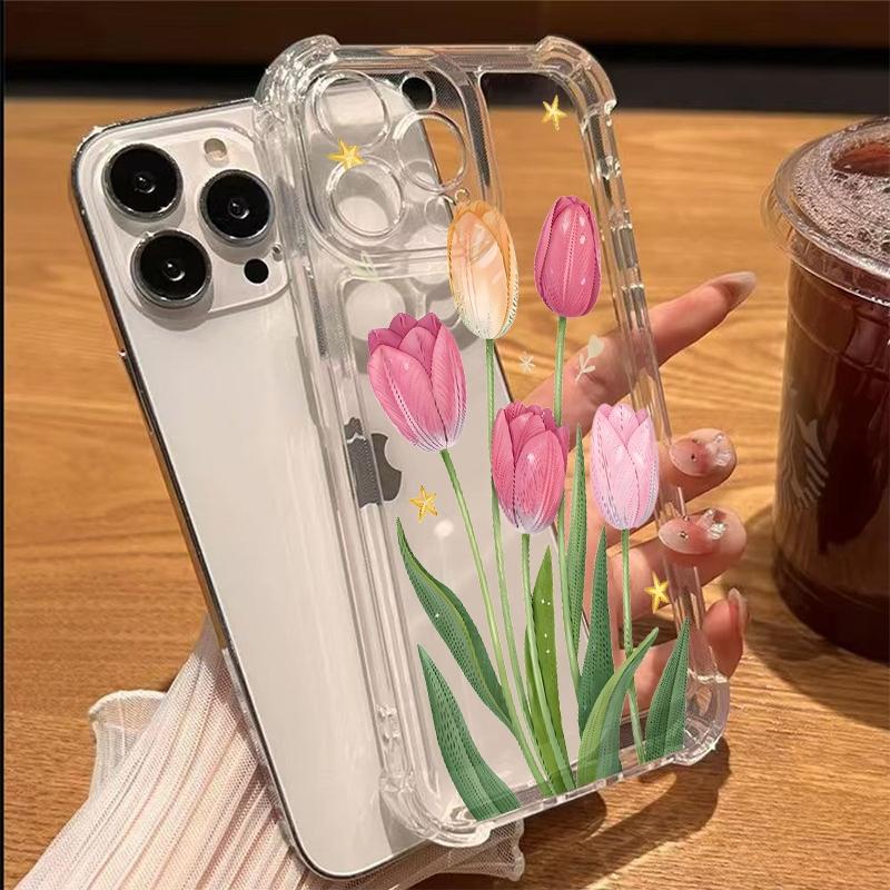 Чехол для телефона iPhone 17 16 15 14 13 12 11 Pro Max XR XS X 15 16 Plus 17 Air с рисунком Розовые тюльпаны Цветок розы Прозрачная крышка