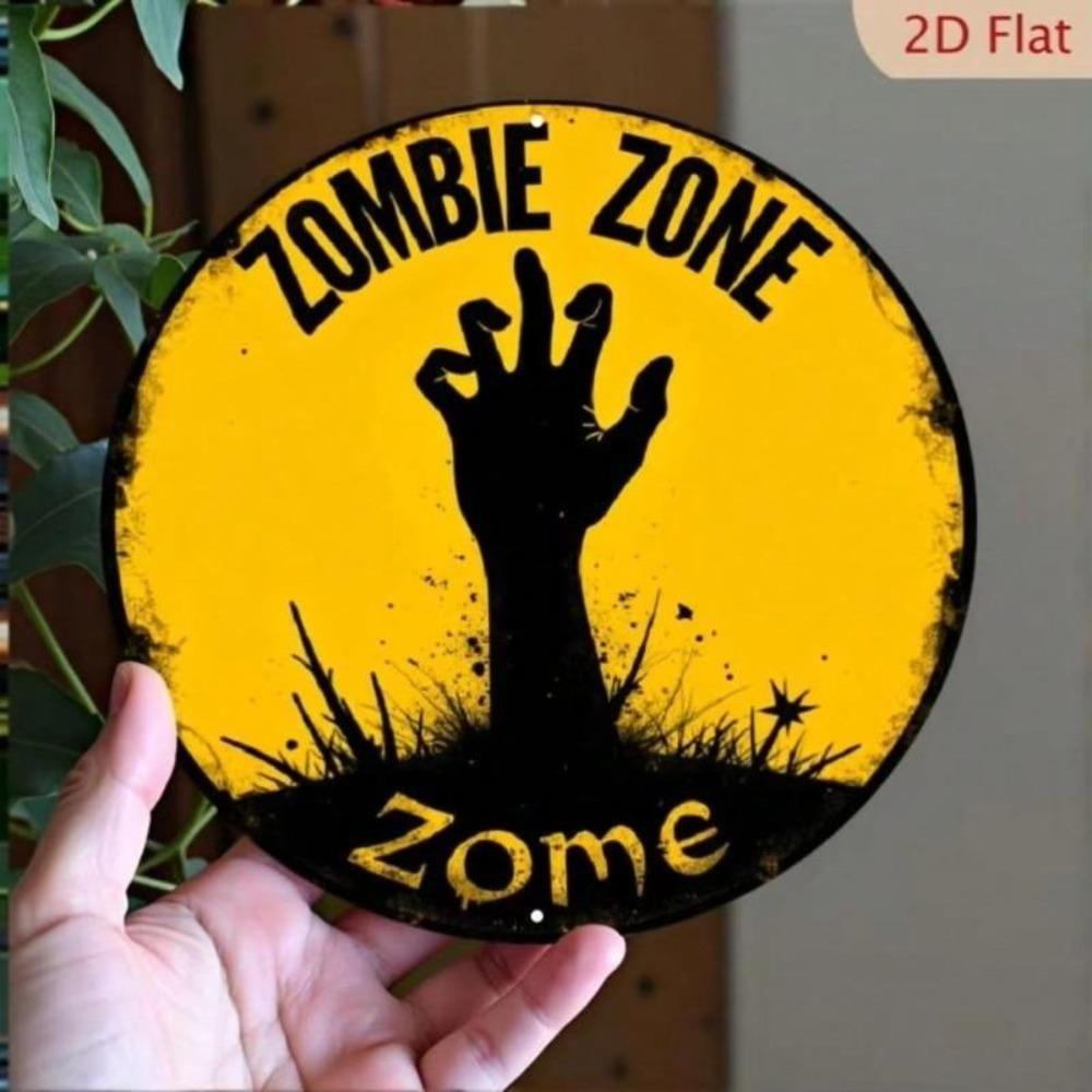 Zombie Zone Halloween Metal Sign Vintage Spooky Decor Hand Painted 8x8 Inch Round