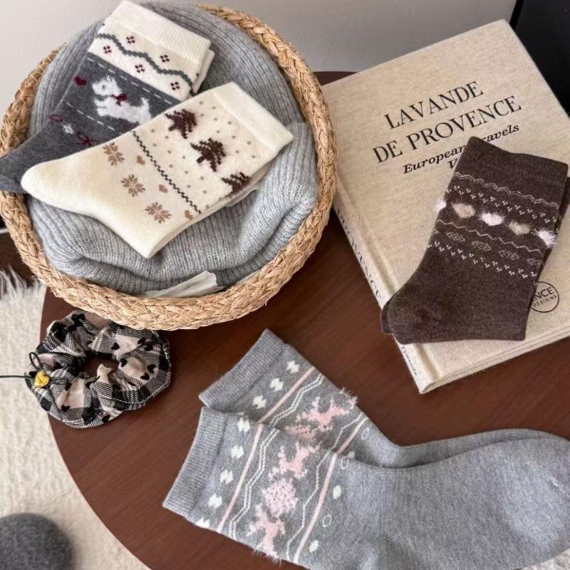 Ретро Теплые Флисовые Носки для Женской Осенне-Зимней Теплоты, Утолщенные Носки до Середины Икры, Милый Бантик, Носки с Собачкой Дуй Дуй