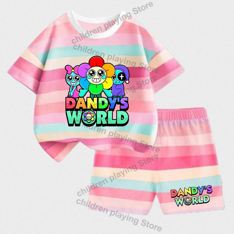 Dandys World Детские полосатые комплекты Летние футболки с шортами для девочек и мальчиков Костюмы с милым принтом Повседневная спортивная одежда Детская одежда для сна Подарки