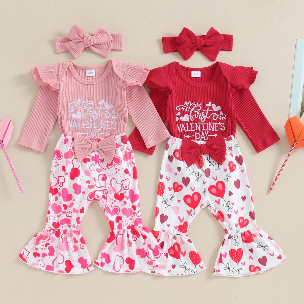 Наряды на День святого Валентина для маленьких девочек: комбинезон с вышивкой + расклешенные брюки + повязка на голову, комплект одежды для младенцев