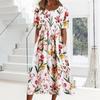 Женское летнее платье с коротким рукавом, повседневное, с цветочным принтом, с круглым вырезом, миди