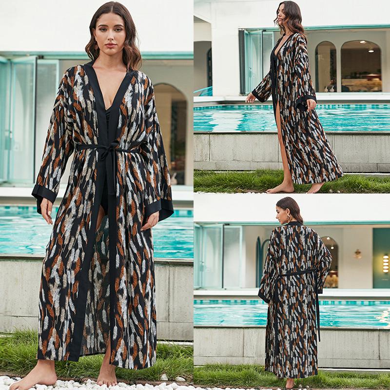 Европейско-американская пляжная накидка тай-дай: Кардиган средней длины из вискозы для защиты от солнца для женского отпускного ношения с бикини