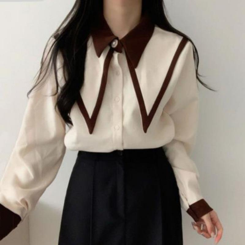 Vintage Shirts Women Korean Patchwork Black Long Sleeve Blouses Office Ladies Elegant Red Casual Chiffon Tops