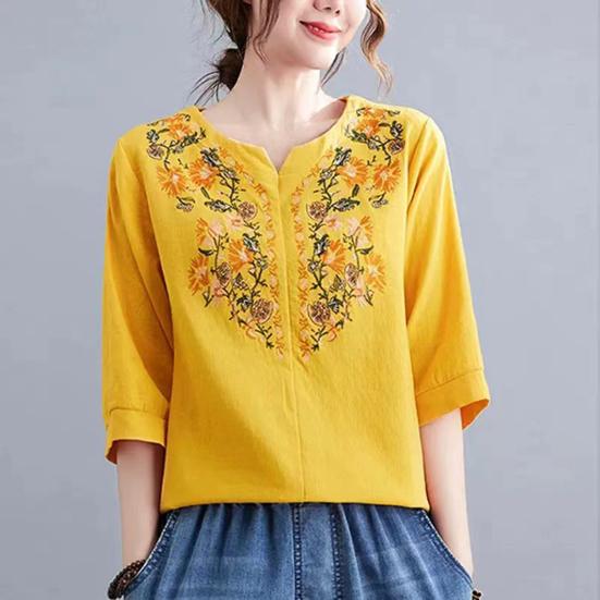 Women Summer Casual Shirt V-Neck Half Sleeve Pullover Tops Embroidery Floral Pattern Loose Fit Comfortable Breathable Blouse
