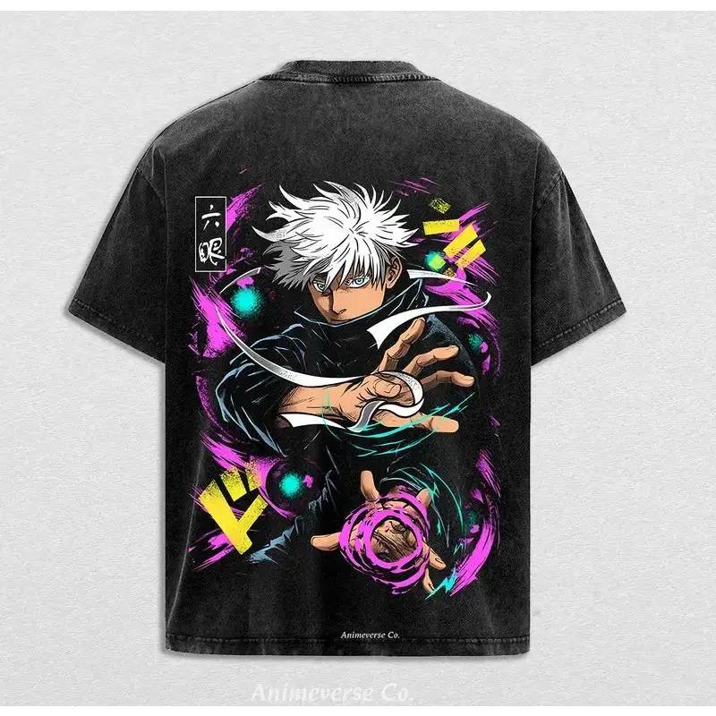 Футболка с принтом Годжо Сатору Jujutsu Kaisen Аниме Одежда Мужская Женская Хлопковые Футболки Винтажная Выстиранная Футболка Харадзюку Оверсайз Футболка