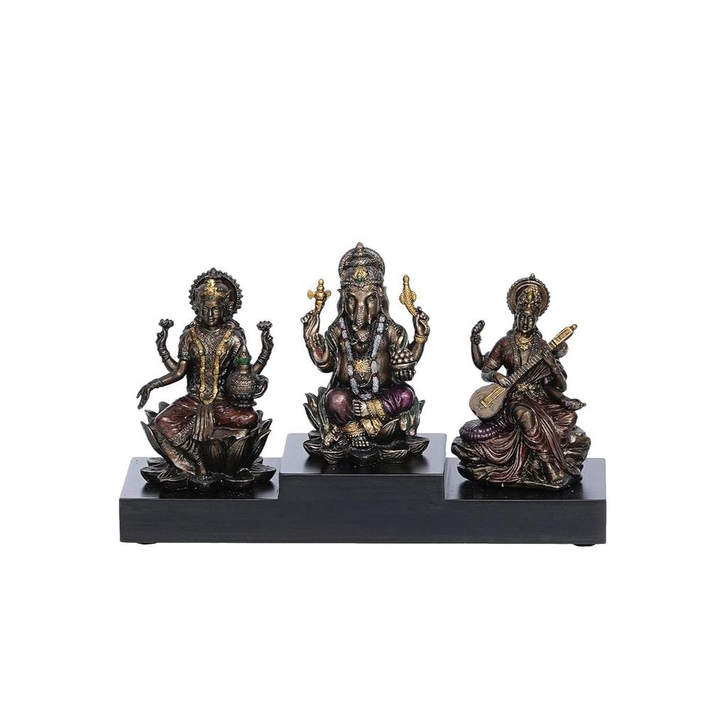 NEW Ganesha Laxmi Saraswari On Base Cold Cast Bronze Resin Decorative Figurine, Brown,