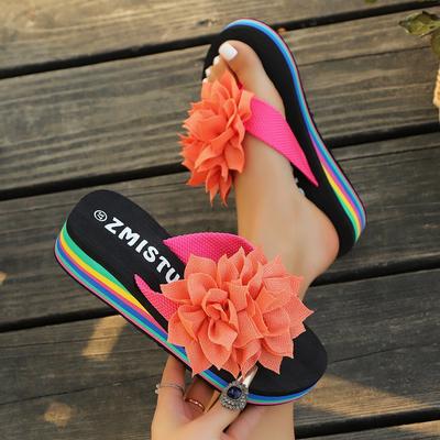 Женские летние шлепанцы-сандалии на толстой подошве с разноцветной подошвой, с радужным цветком, женская обувь, повседневные пляжные шлепанцы