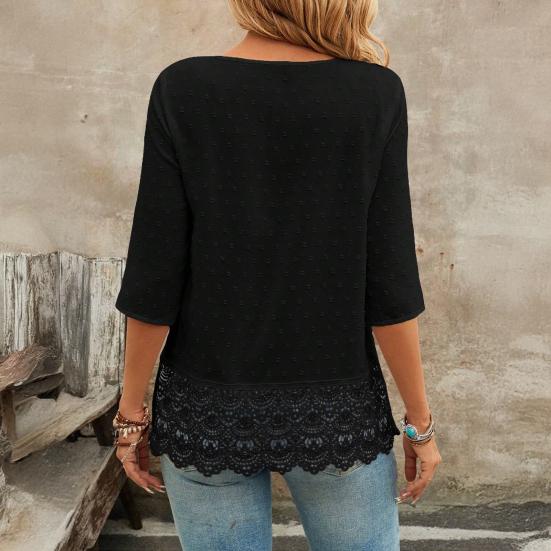 Женская рубашка с V-образным вырезом, рукавом 3/4, повседневная, с кружевной вставкой на подоле, жаккардовым декором, однотонная, дышащая