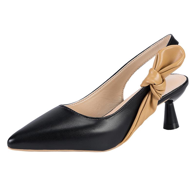 Модные темпераментные туфли-лодочки с острым носком на высоком каблуке 2024 Лето Новые Мягкая овечья кожа Открытый верх Бант Слово с босоножками на шпильке Женские