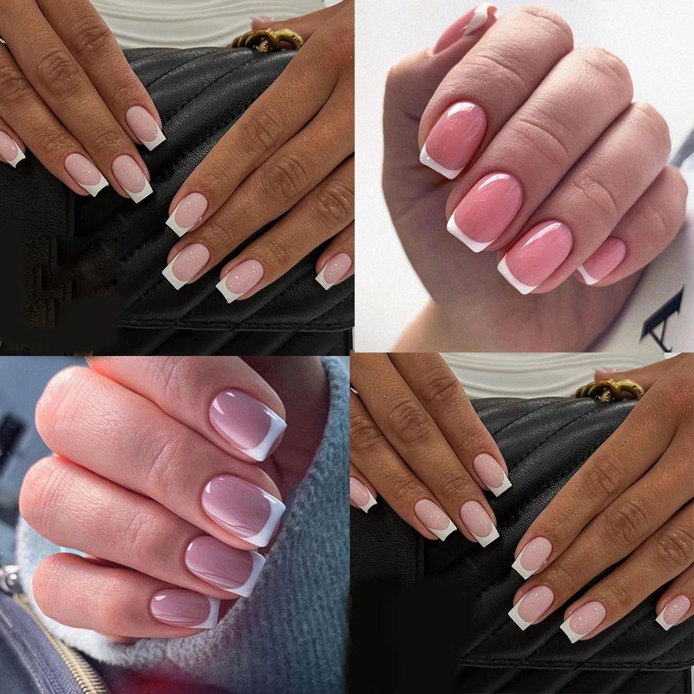 24pcs Detachable Fake Nials Press On Nails Short Square French White Edge False Nails