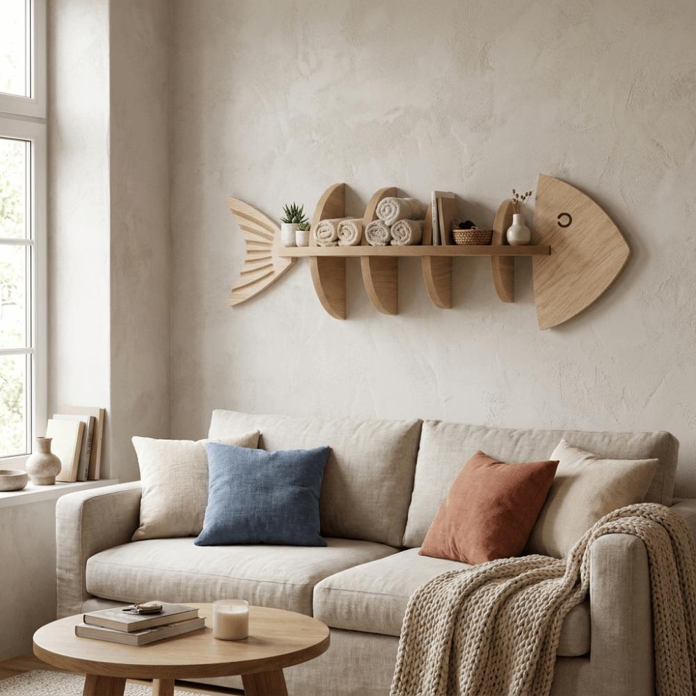Fish Shaped Fish Bone Shelf Multi-layer Floating Shelf Wooden Wall Mounted Shelf Indoor Organizer