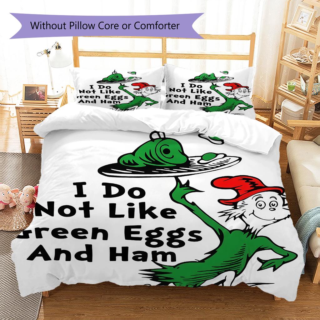 Green Eggs and Ham Pattern Bedding,Quilt Set Quilt Cover Pillowcase Home Birthday Gift (1 * duvet cover + 2 * pillowcase, without core)