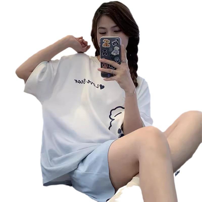 «Женский летний пижамный комплект 2024 года»: Короткий рукав, свободный крой, круглый вырез, комплект из двух частей с шортами.