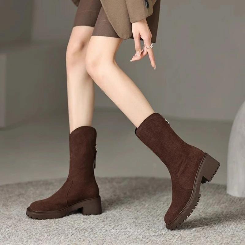 Fashion Elegant Heeled Suede Ladies Mid Calf Shoes Fleece-Lined Footwear Comfortable 2025 New Waterproof Gyaru Women's Half High Boots