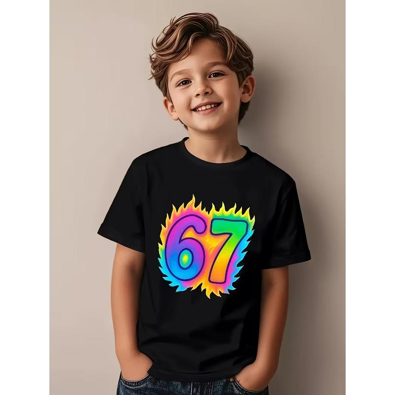 European sizes Boys 67-Style Meme Pattern T-Shirts - 67 Number Design with Rainbow Colors