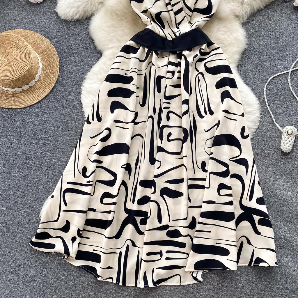 Summer Vintage Women Print Long Dress Elegant V-Neck Sleeveless High Waist A-Line Maxi Vestidos Female New Fashion Robe