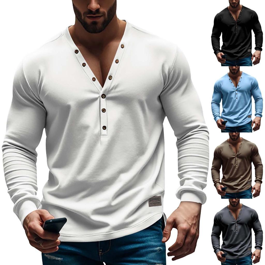 Men's Solid Color Thin Long Sleeved T-shirt Casual Base Slim Button V-neck Cardigan