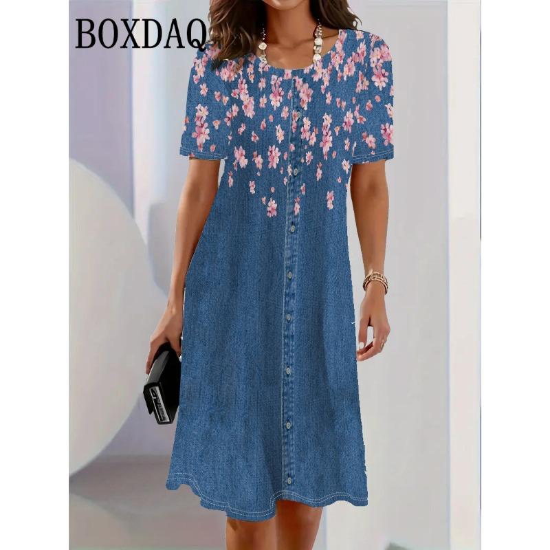 Модный тренд 2025 года 3D Имитация джинсовой ткани Женское платье Летнее уличное С коротким рукавом O-образный вырез Свободное Повседневное Платья с цветочным принтом