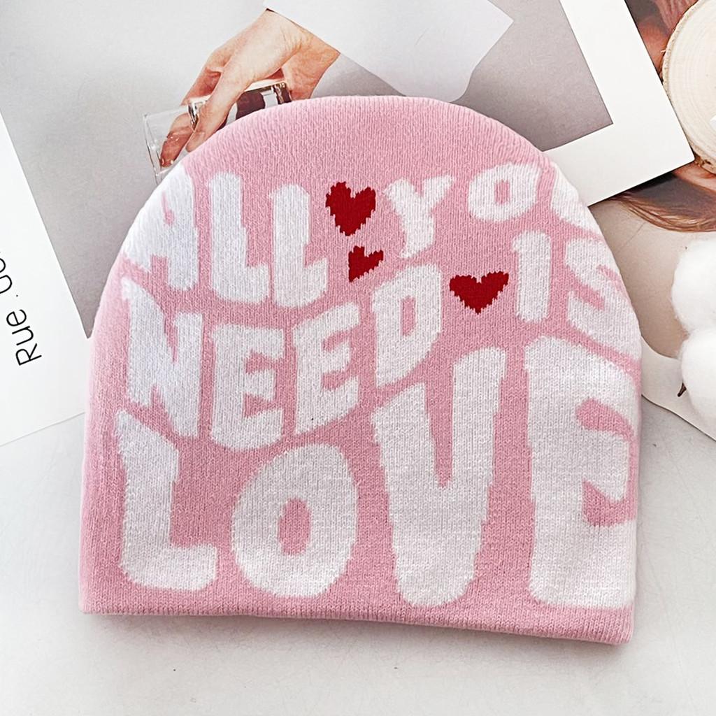 Blocked Simple Color Letter And Heart Pattern Women Casual Warm Hat Knitted