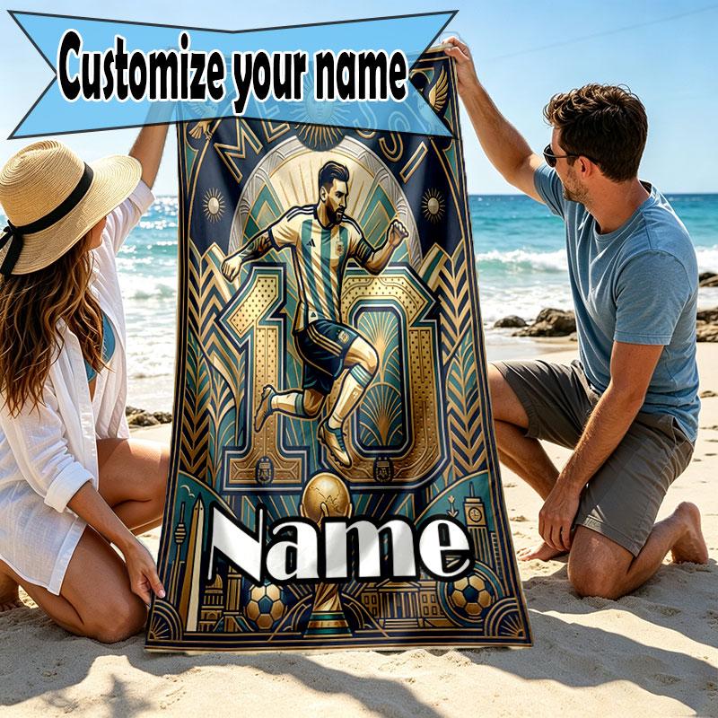 Custom Name Personalized Leo Messi Print Beach Towel, for Trip Camping Beach Party Home Decor, Birthday Gift for Family & Friends